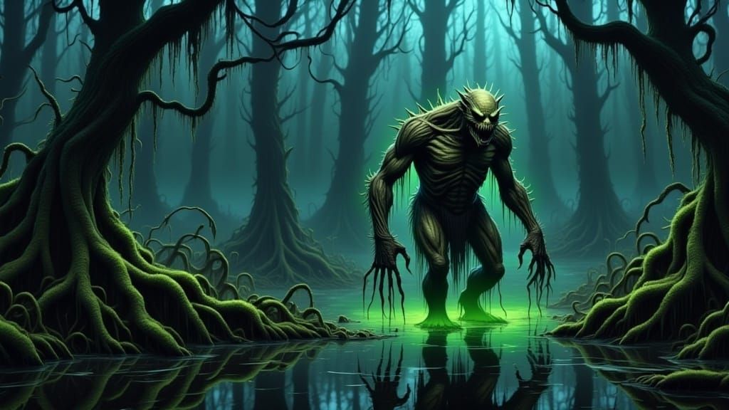 side view of swamp creature lurking through a swamp on a dark night with creepy bright green glowing tendrils of moss <lora:Luminescent Swam...