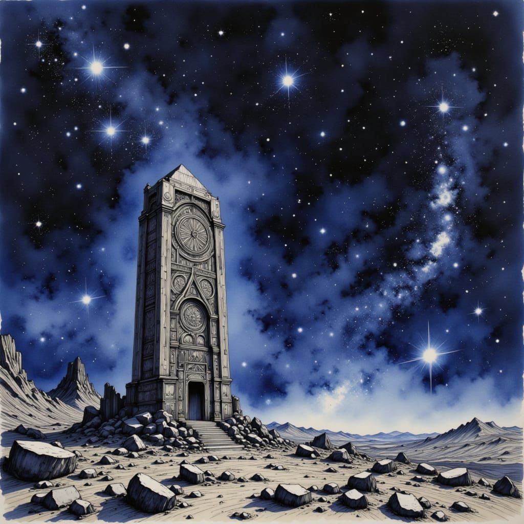 A lone, ancient stone monolith stands silhouetted against a vast expanse of the Starry Skies, intricately carved with celestial patterns. Th...