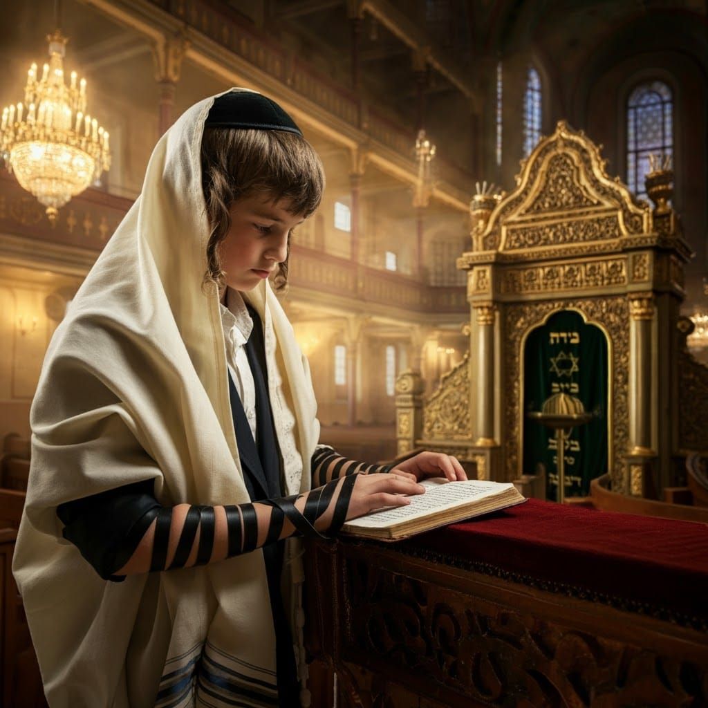 Young Boy Praying in Synagogue in Baroque Style