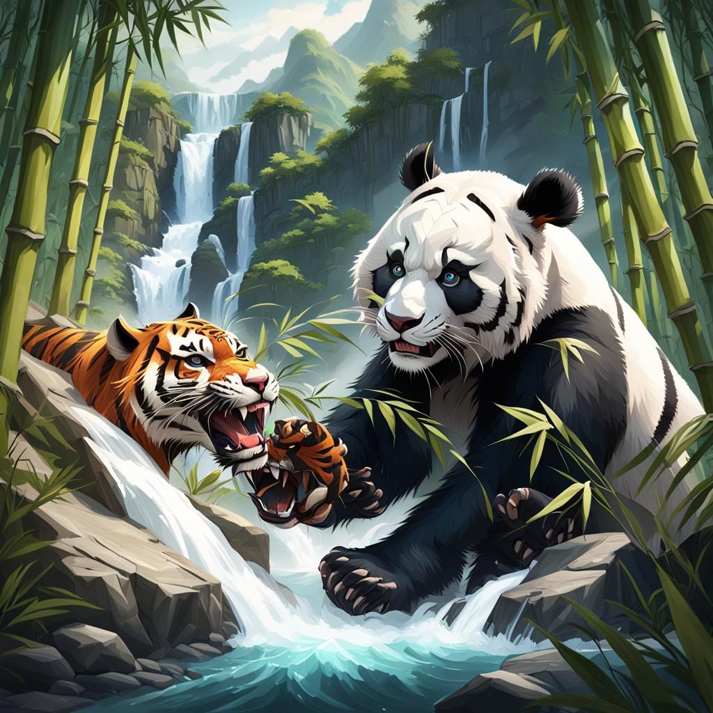 8K resolution image, a panda is fighting with a tiger among ...