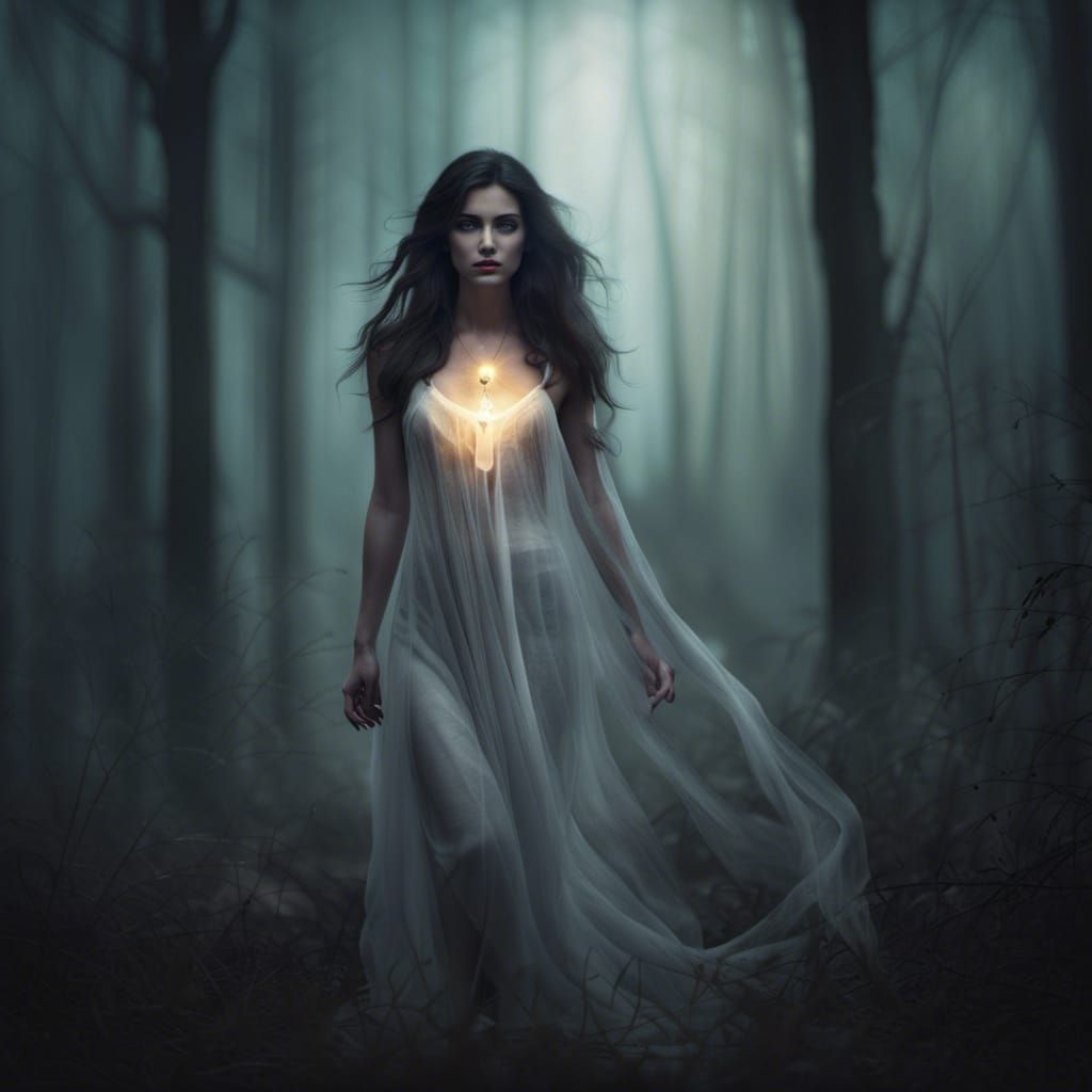 A beautiful dark haired woman but with a ghostly apparition,...