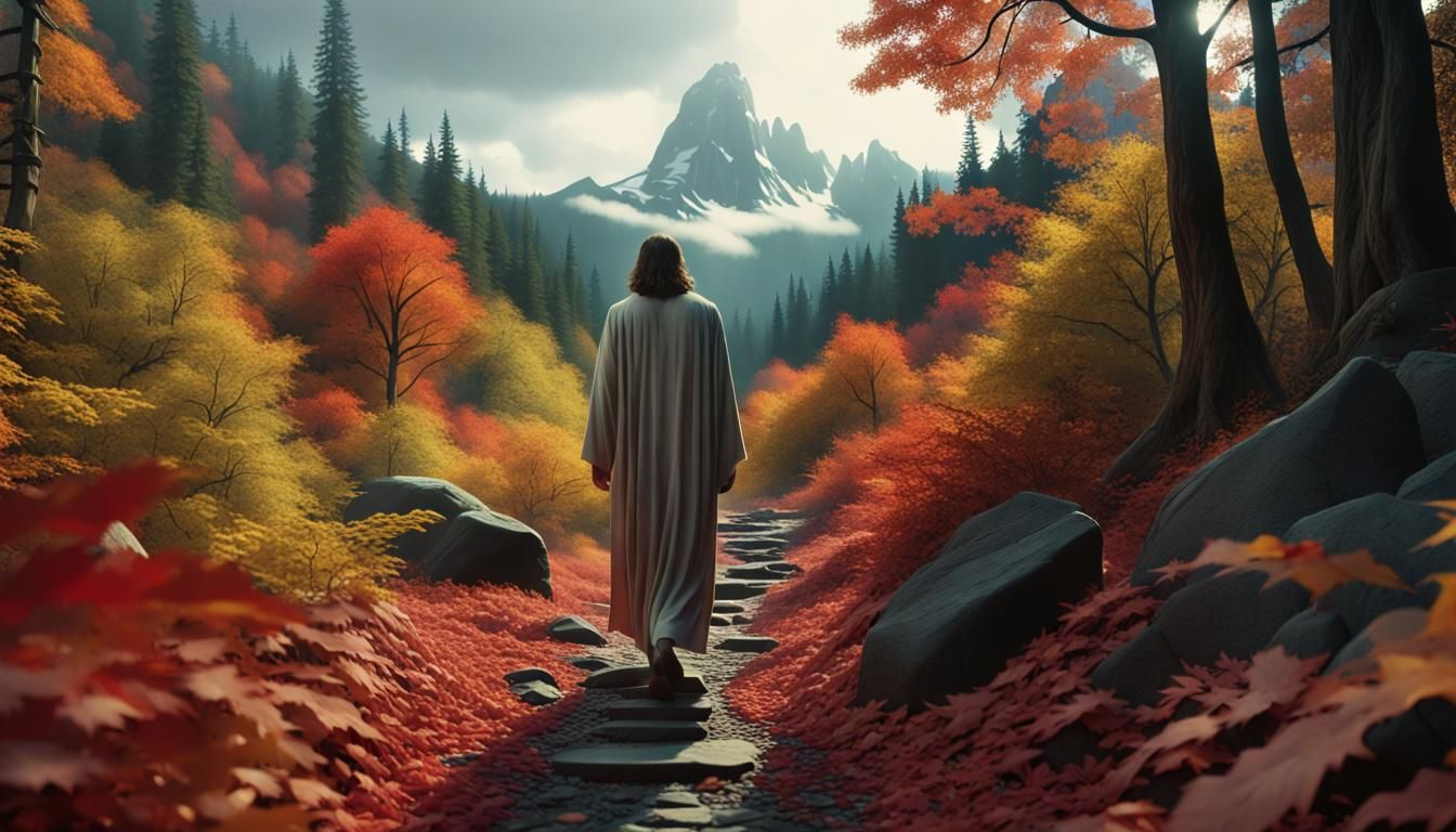 Jesus walking by himself in a thick forest during the fall M...