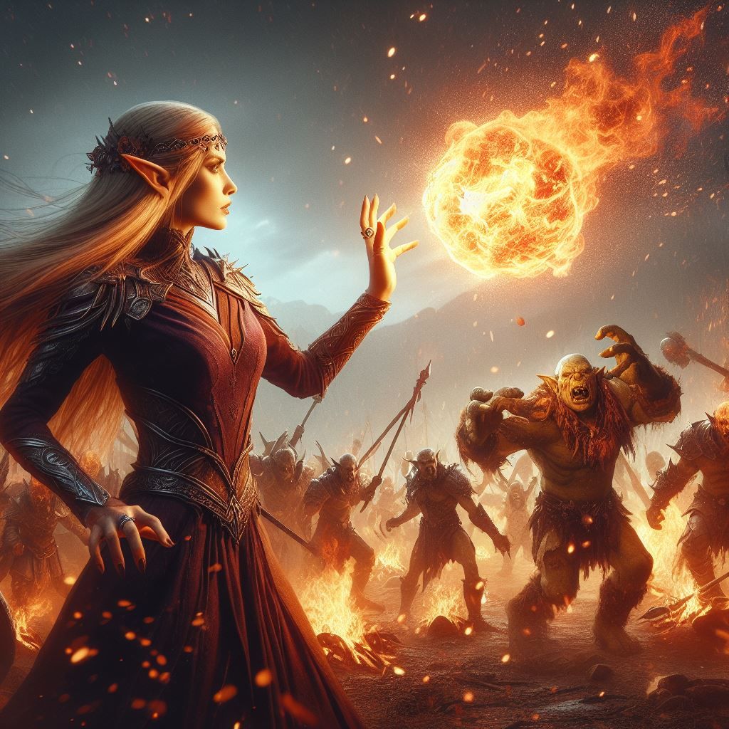 Battle of the elven sorceress with orcs.
