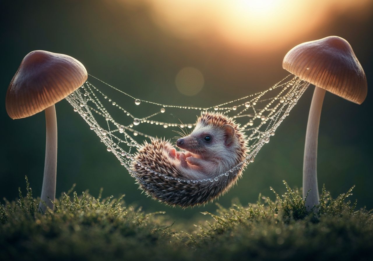 Hedgehog in a Spiderweb Hammock  by @photon