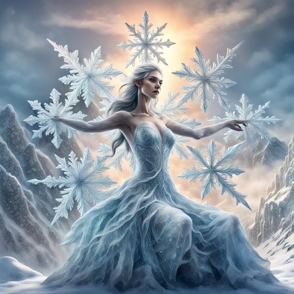 A beautiful ethereal Ice fairy is delicately sculpting a large ...