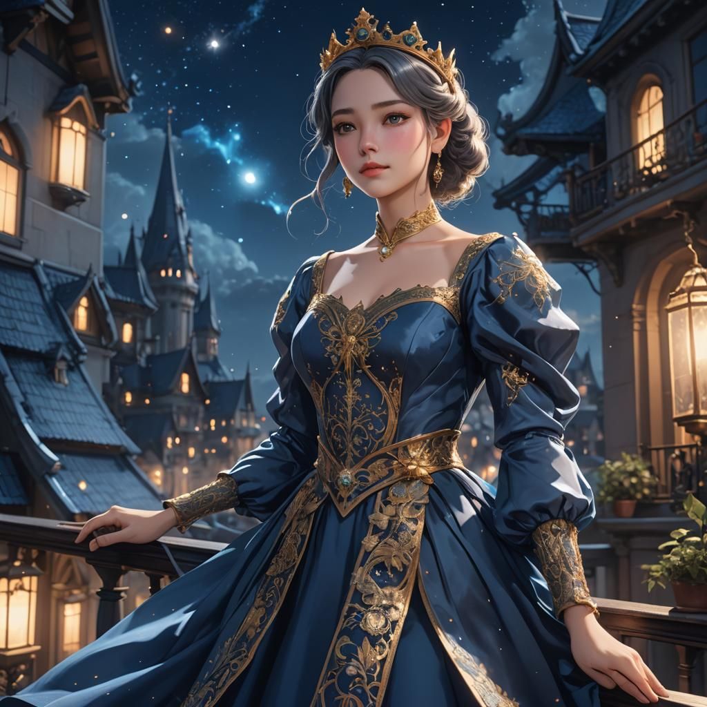 a beautiful queen wearing a smoked blue dress standing on a ...