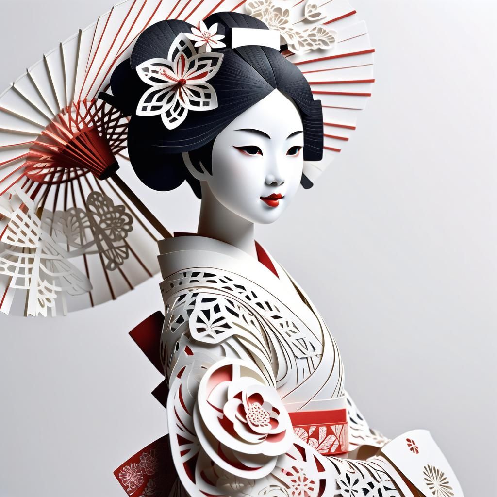 Detailed Kirigami Geisha Model on Black Background
