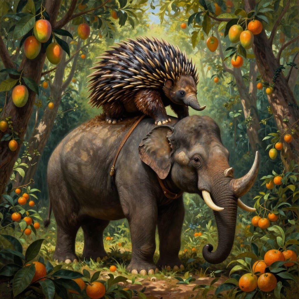 Hackett's giant echidna riding a Paleoloxodon namadicus in a forest with mangos and mandarin oranges