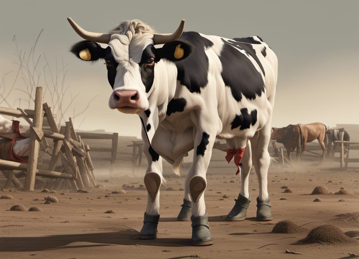 A Texas cow wearing boots.