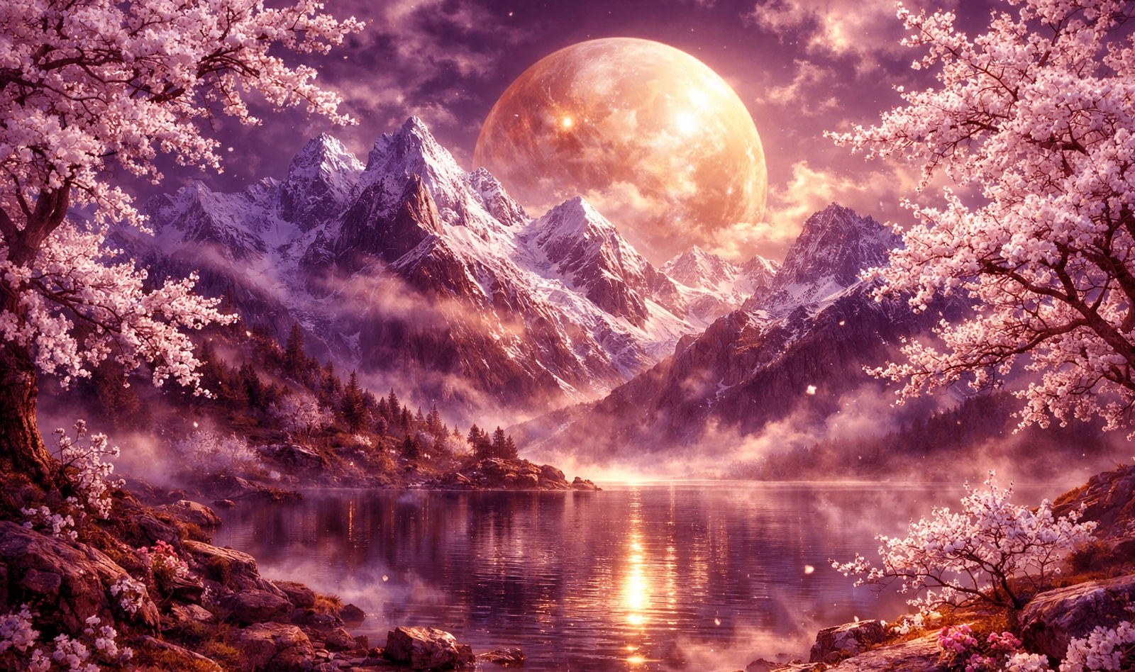 white almond trees in bloom