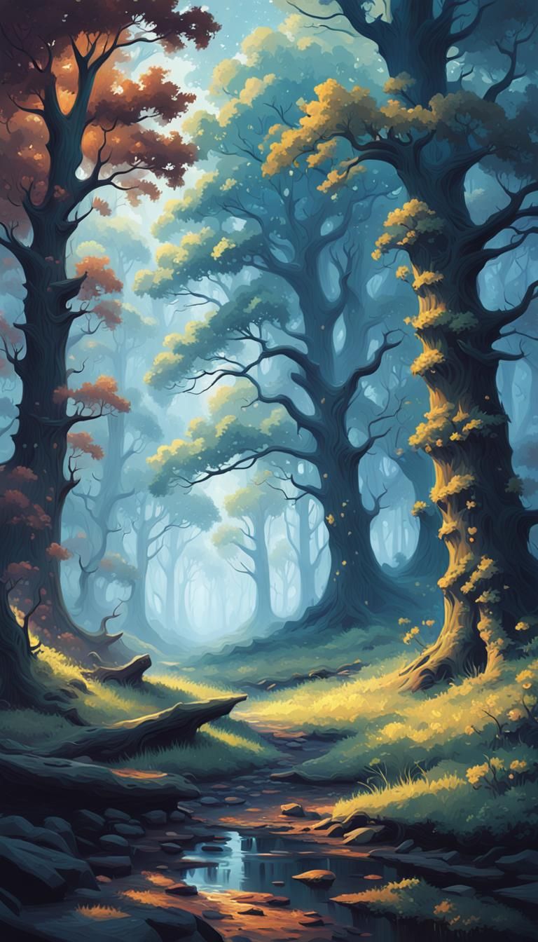Oak Forest Oil Painting with Dark Shadows