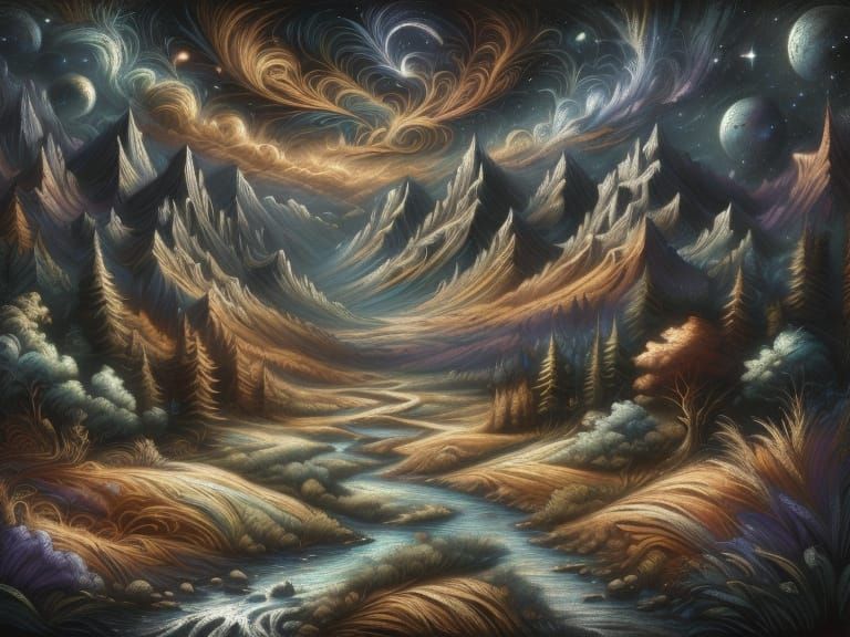 Dark Fantasy Concept Art: Man on Horse at Dusk Valley