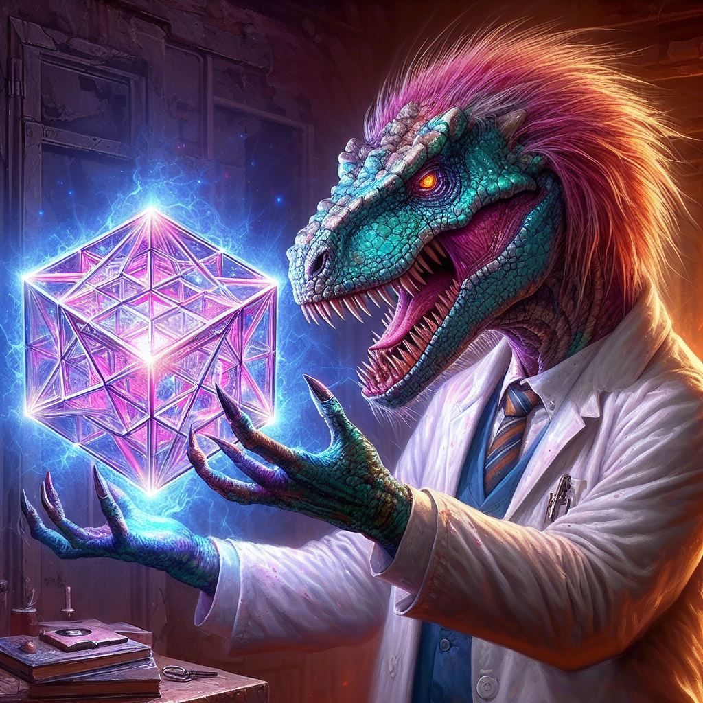 Digital Painting of Mad Lizard Scientist Creating Coloful 3d...
