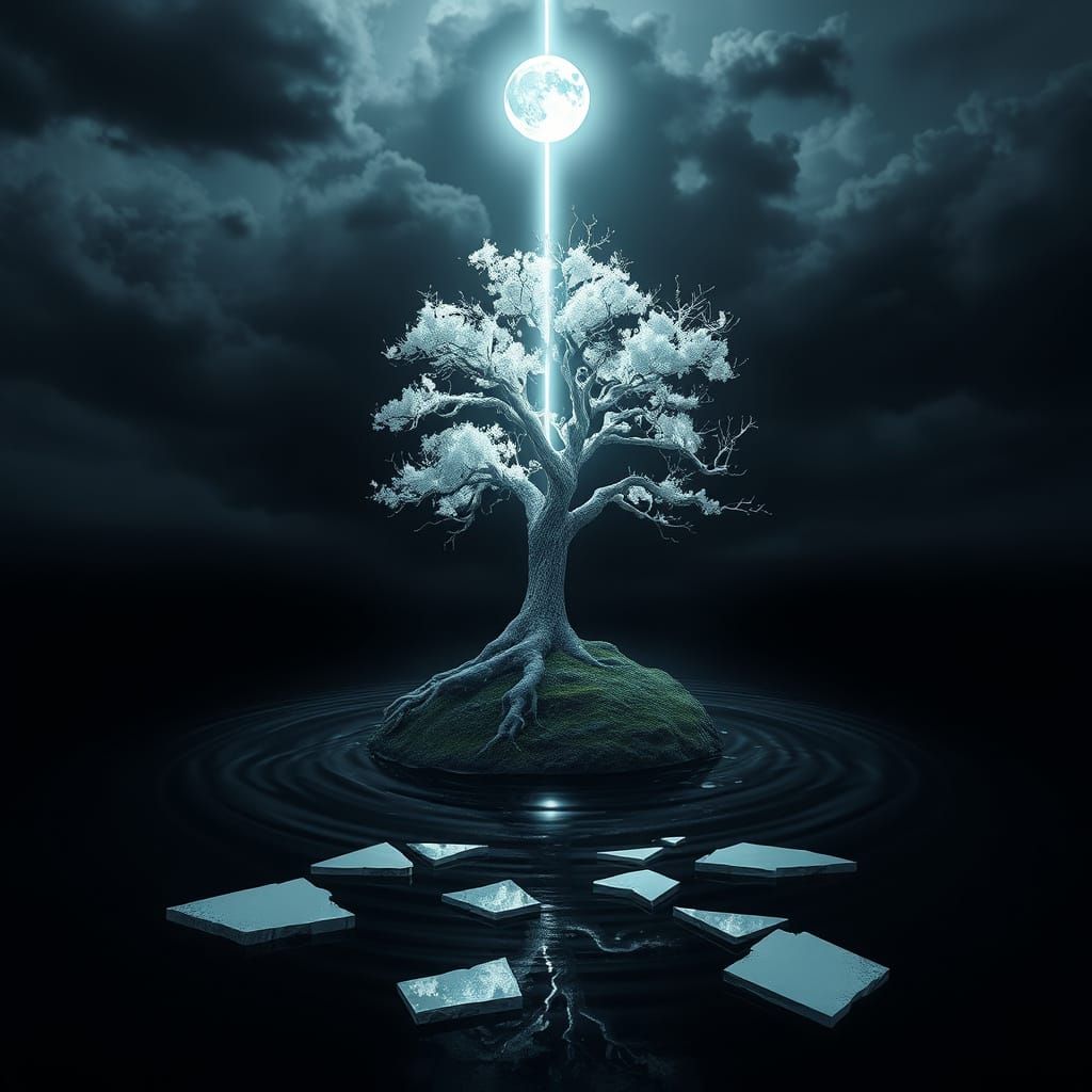 Glowing Tree on Frozen Island Under Moonlight