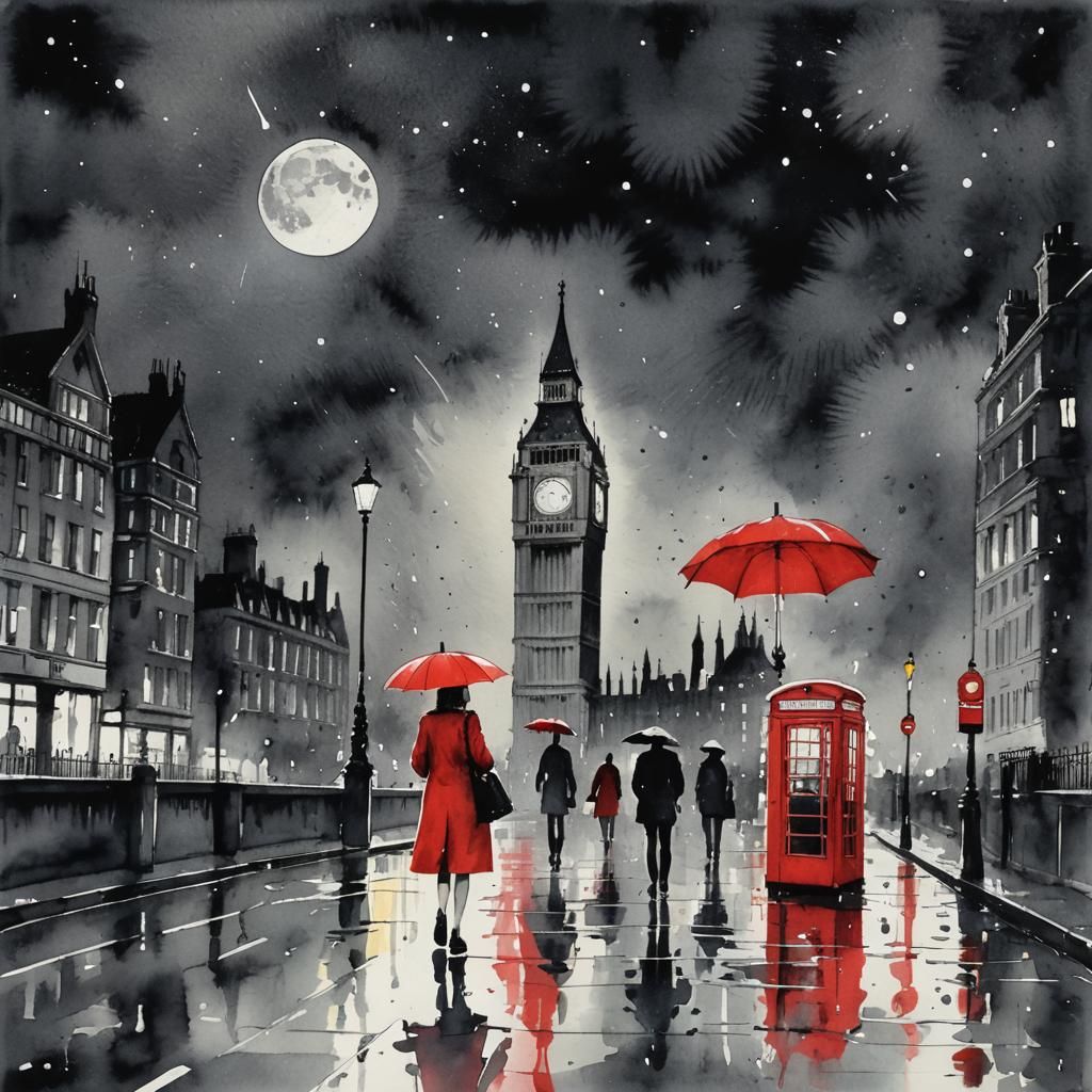London Rainy Night in Watercolor with Red Accents