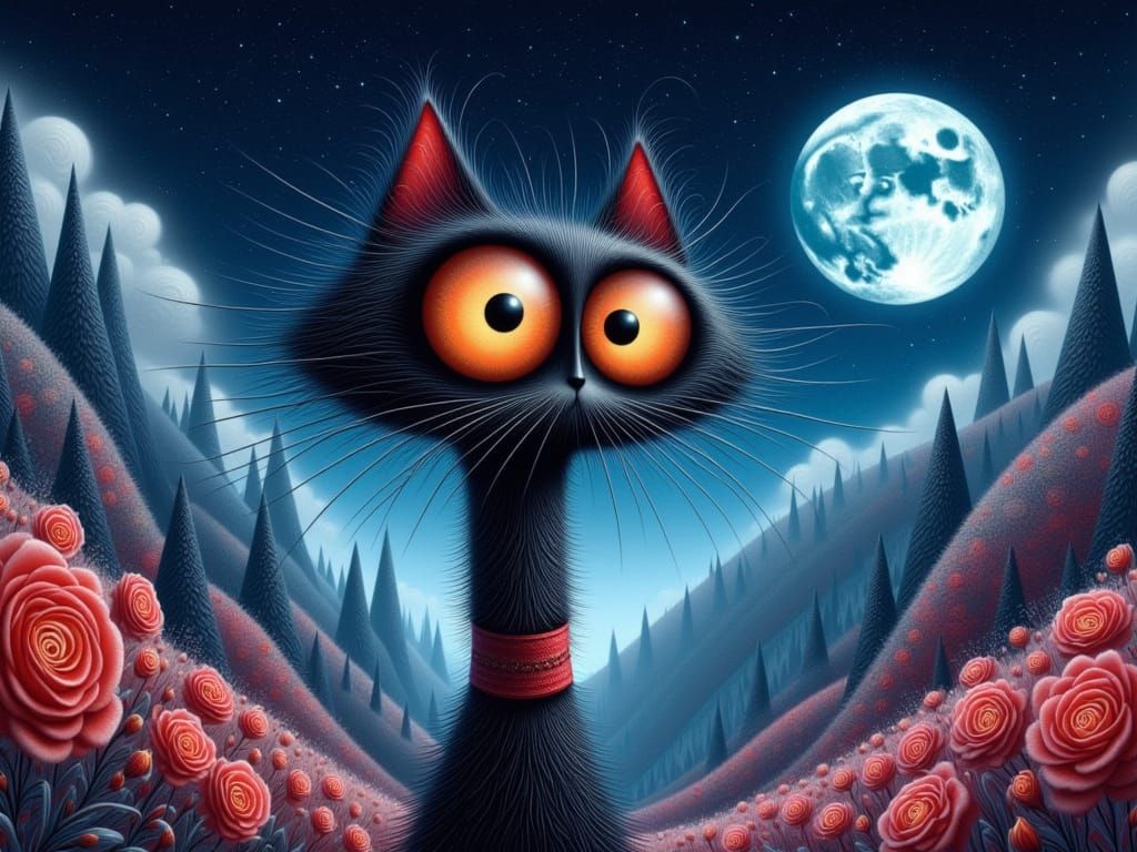 A smirking devious cat with amber eyes prowling in a peach rose garden, 4K highly detailed art by Kerem Beyit Dan Mumford : fantasycore : Bo...