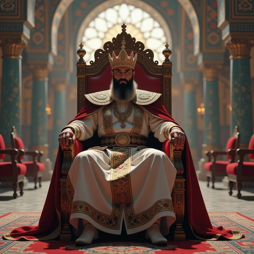 Ornate King on Throne in Persian Palace