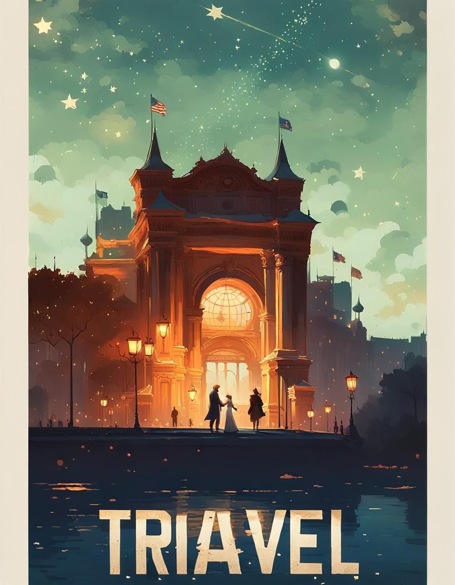 Travel poster opera theater at night, lots of bright shining...