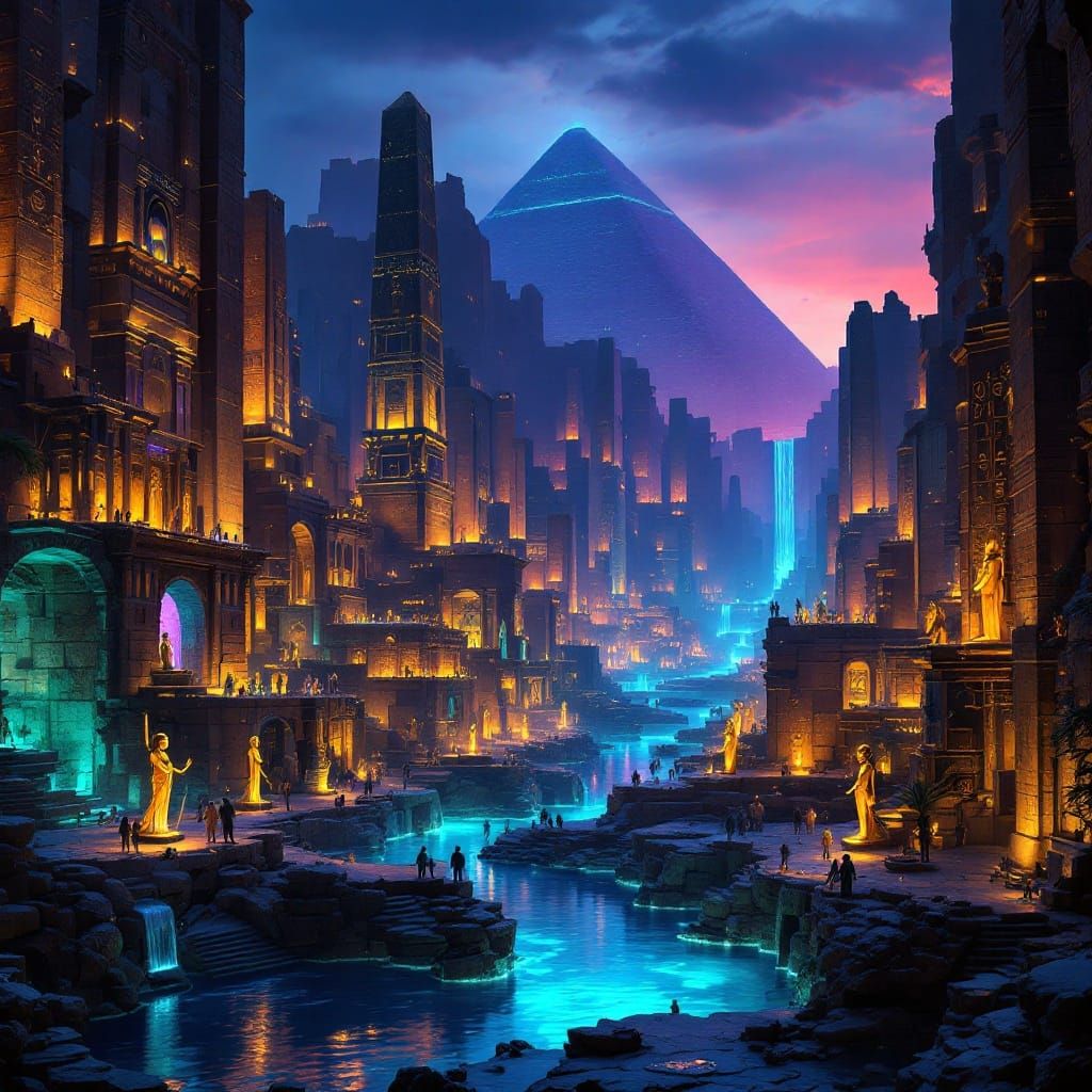 Ethereal Metropolis Beneath Ancient Pyramid in Ind... - AI Art