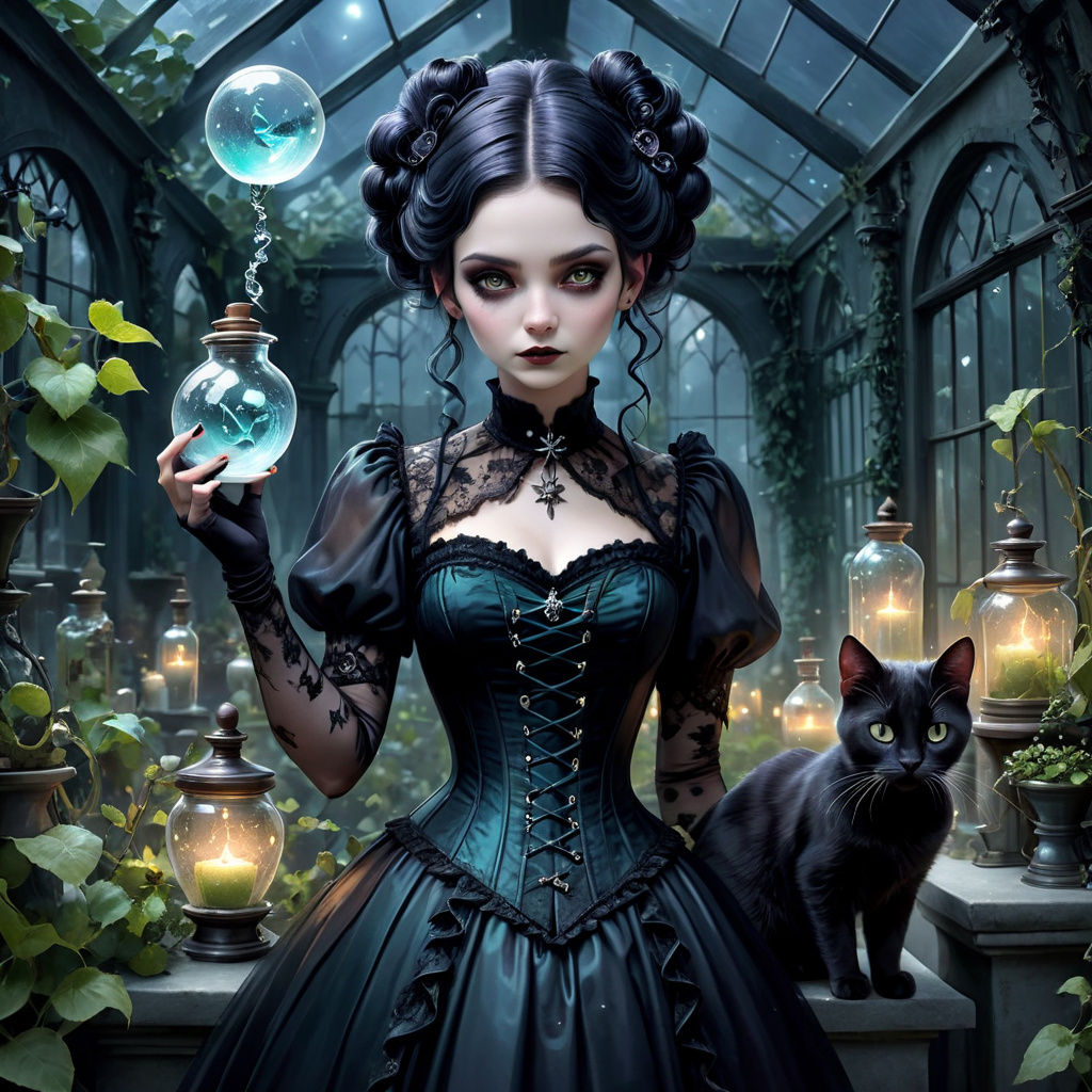 "[Cemetery pic of subject as base: gothic lace gown with corset accents, updo loosening into waves, intense gaze] as an adorable apothecary ...