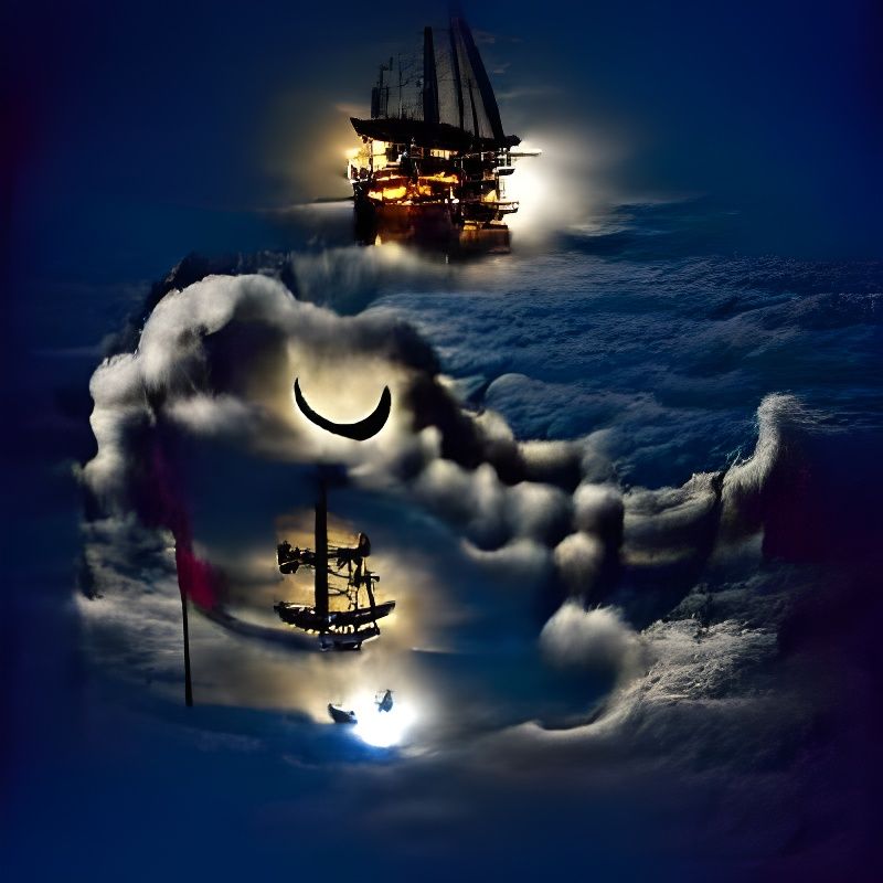 Pirate ship sailing the clouds of the night under a bright m...