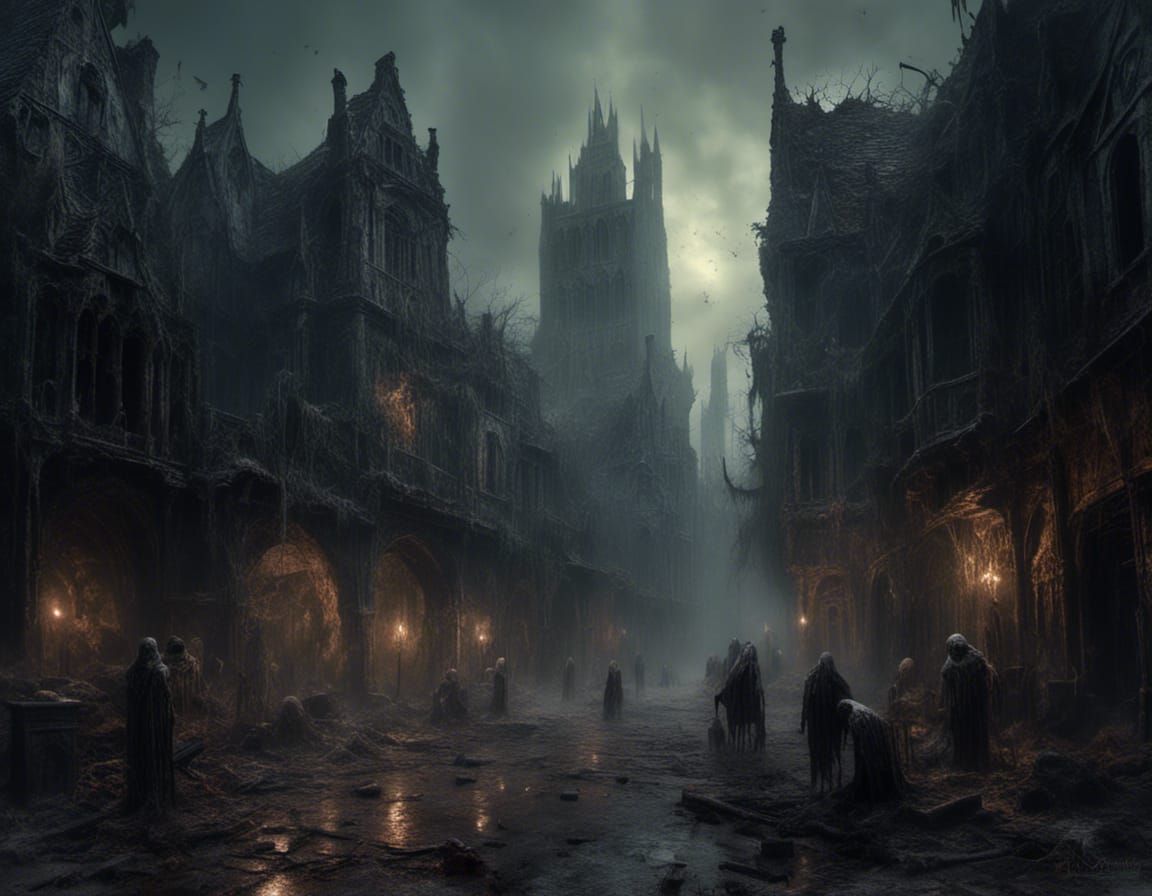 <lora:Macabre:1.0> Undead skeletons city sinister by Greg Ru...