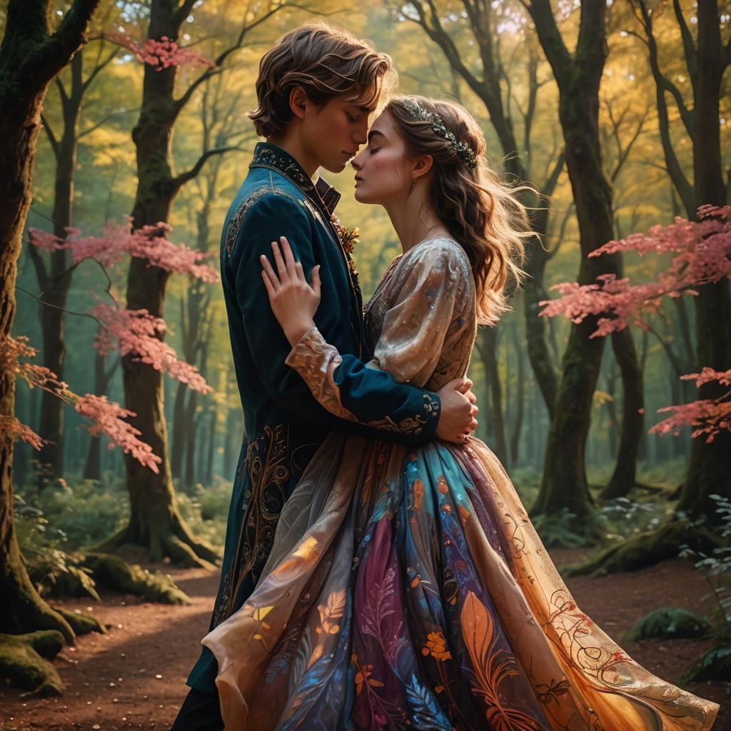 Romantic Kiss in Glowing Forest, Fantasy Concept Art