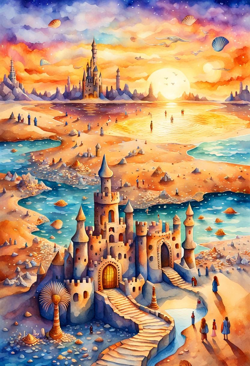 Wielki zamek z piasku, ozdobiony muszelka i i bursztynem. Za zamkiem morze, a wokół zamku fosa. Zamek ma 4 duże wieże, kilka małych, otwartą...