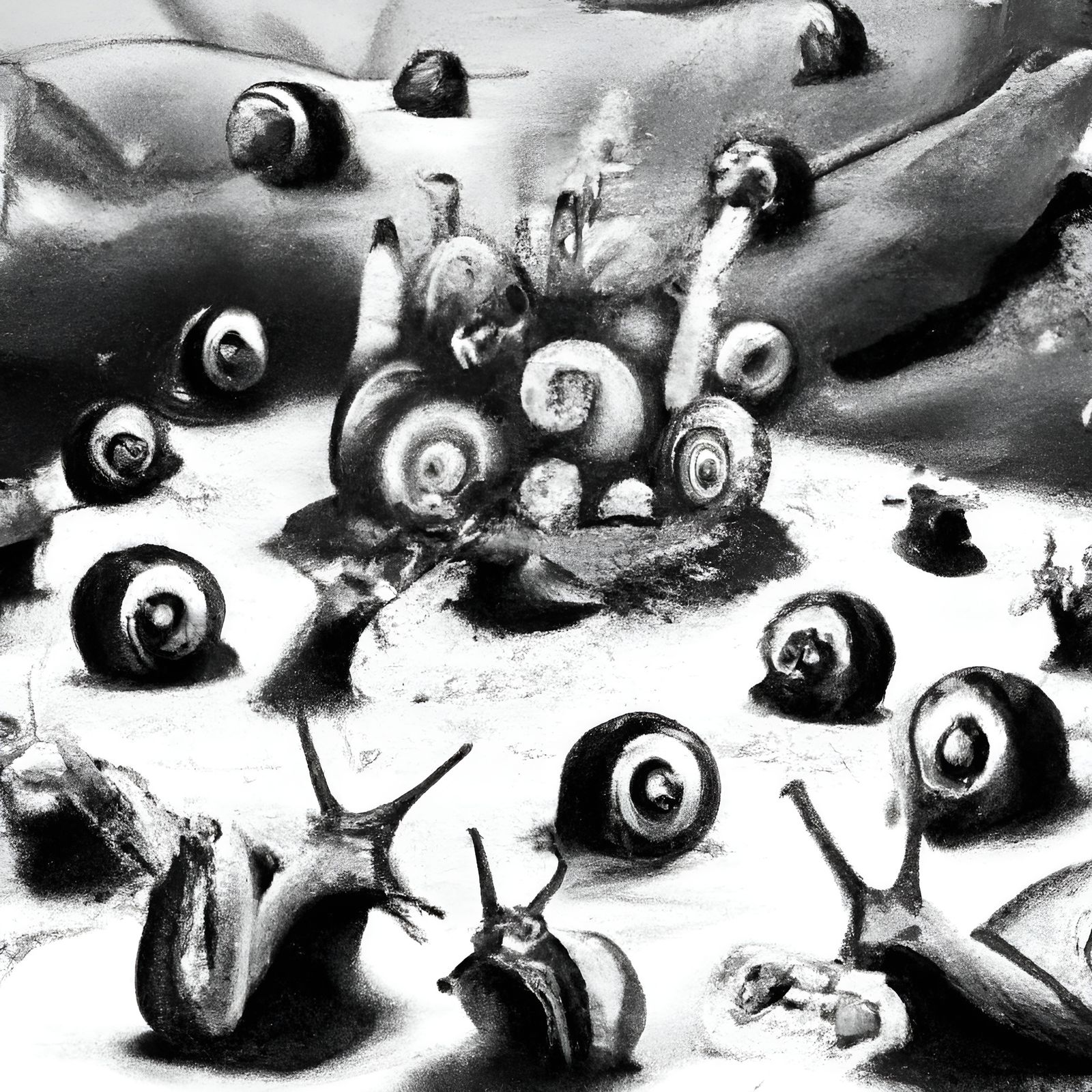 nightmare of snails in a frozen wilderness, black and white