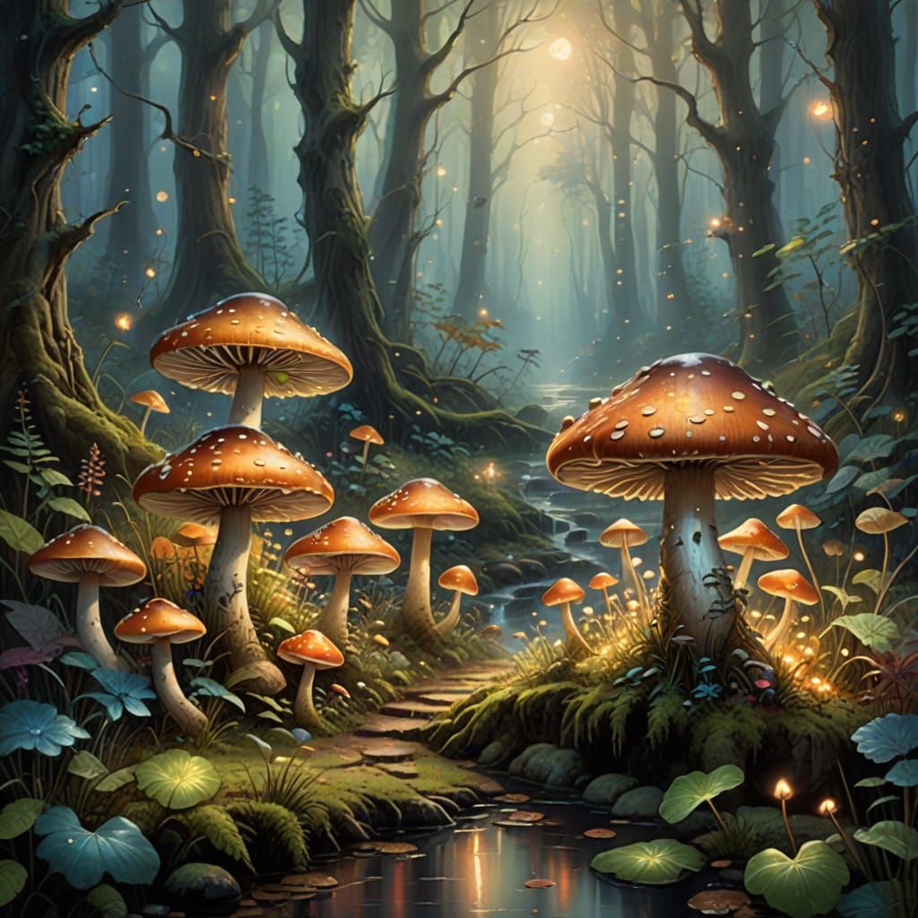 Whimsical Mushroom Dances in Enchanted Forest