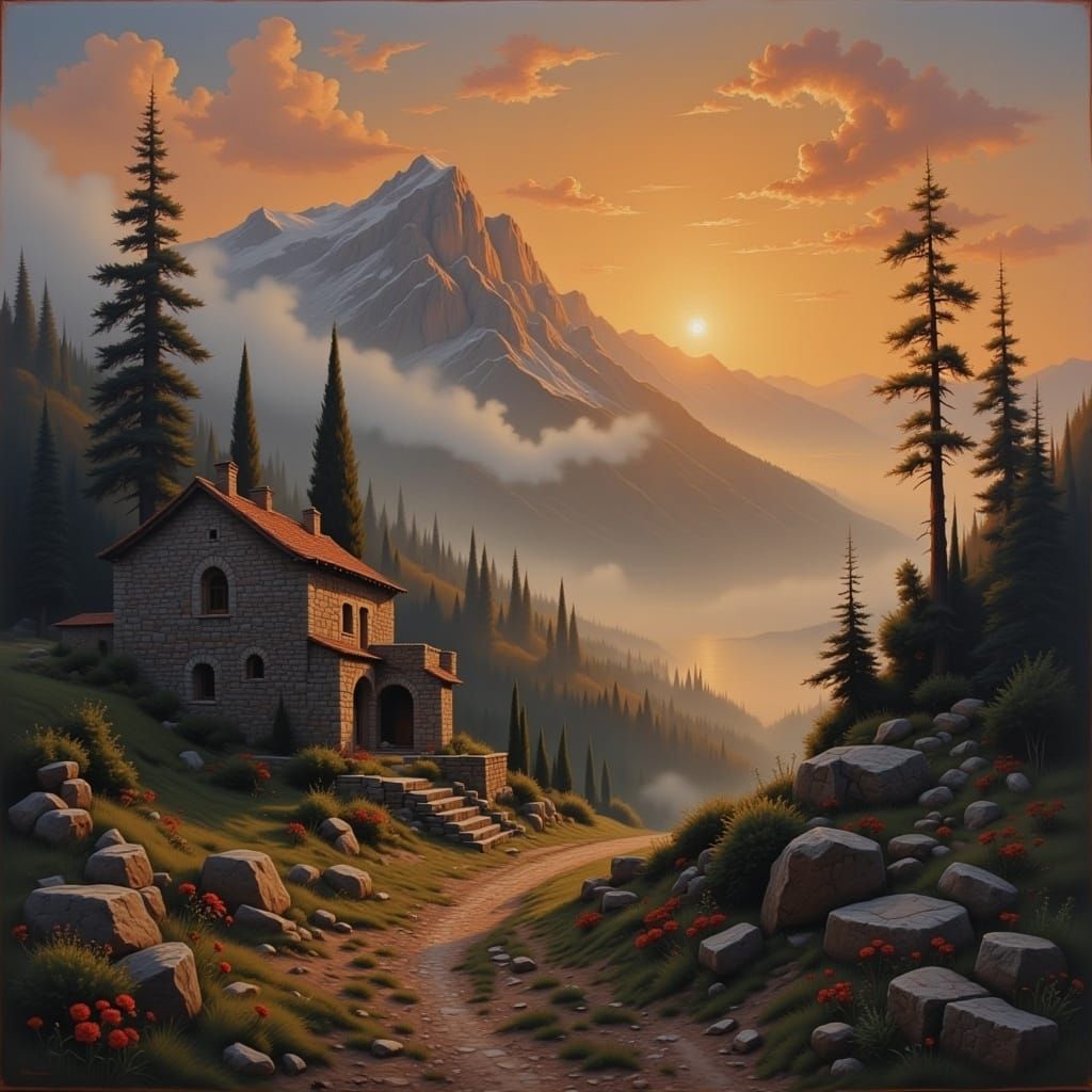  <lora:Roman Oils Flux:1.0> A mountain at the break of dawn