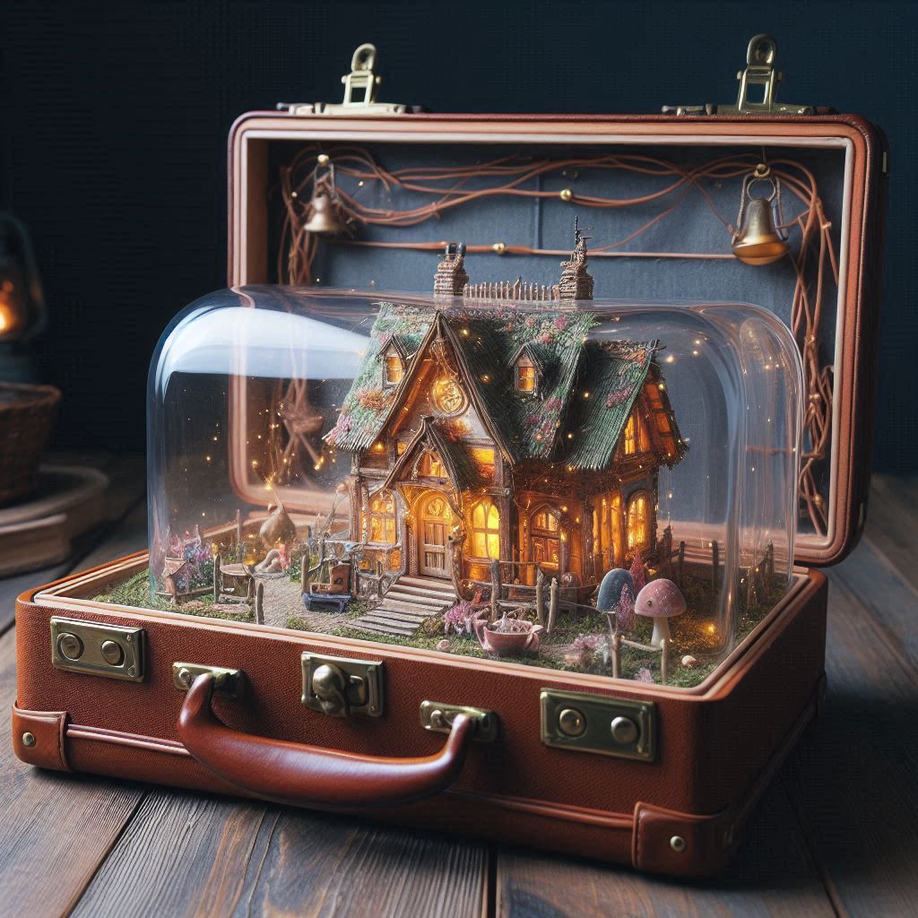 A transparent glass suitcase with a fairy house inside