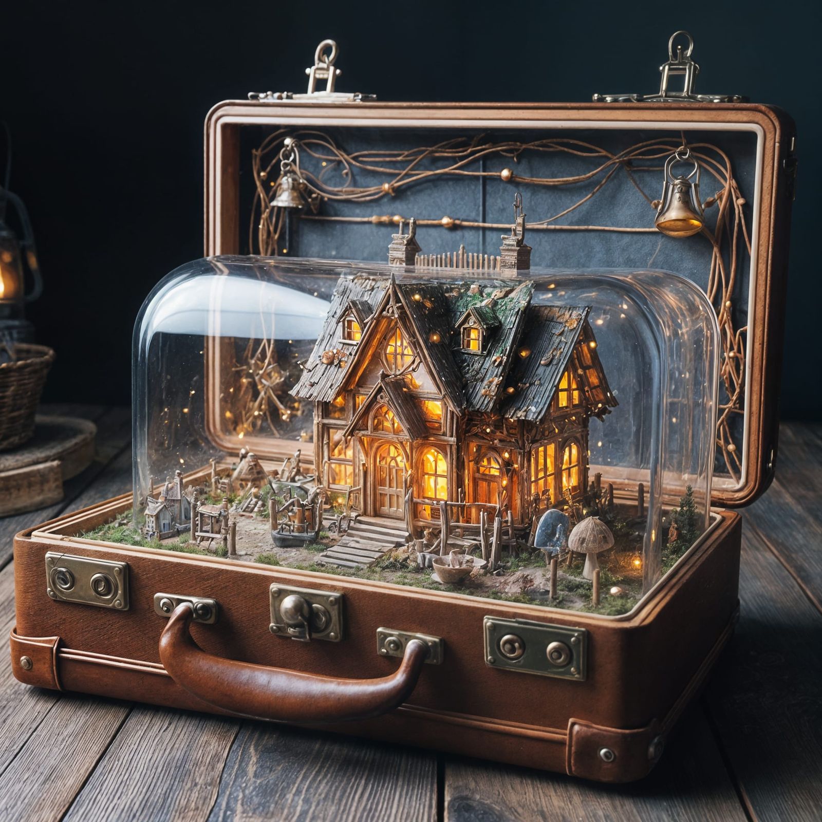 A transparent glass suitcase with a fairy house inside