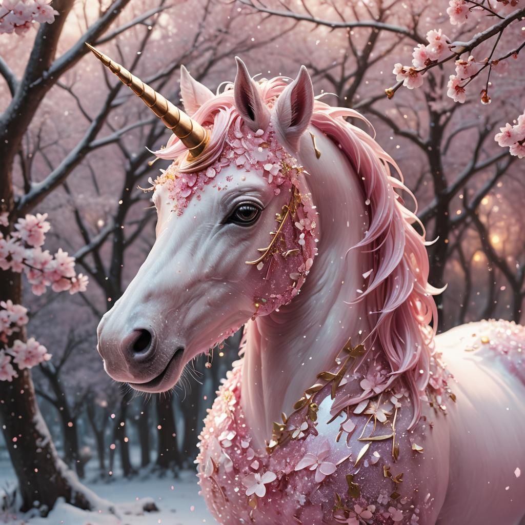 A hyperrealitic Sakura falling snow falling beautiful pink u...