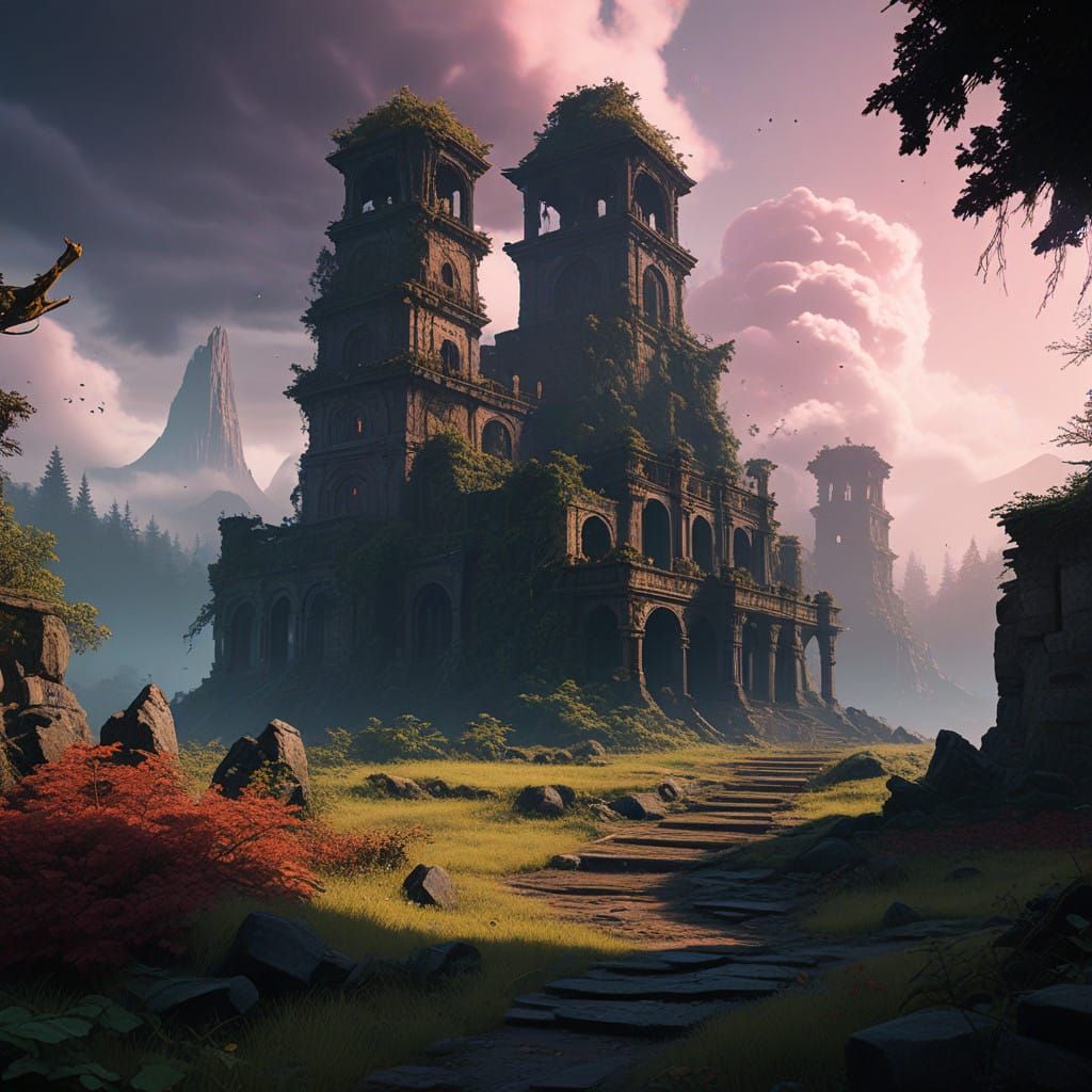 Ancient Ruins Under Ethereal Forest Skies