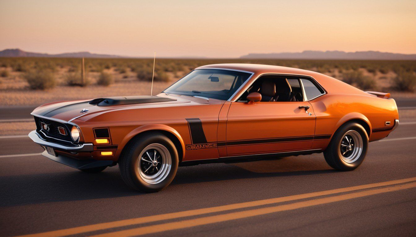 Orange 1972 Mustang on Route 66 at sunset