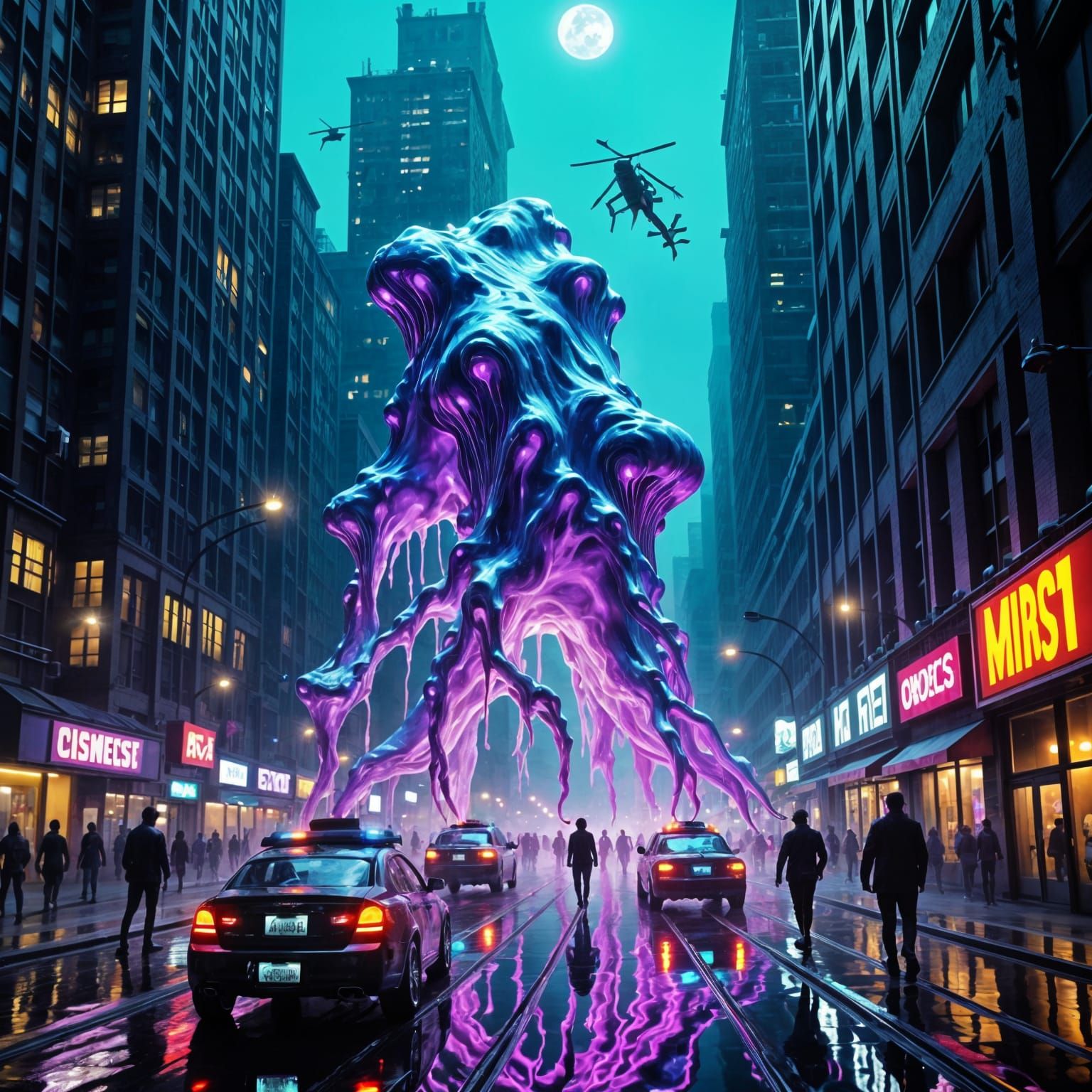 A colossal, pulsating holographic ooze monster rampages through the neon-lit streets of downtown New York City. Its amorphous, liquid-like b...