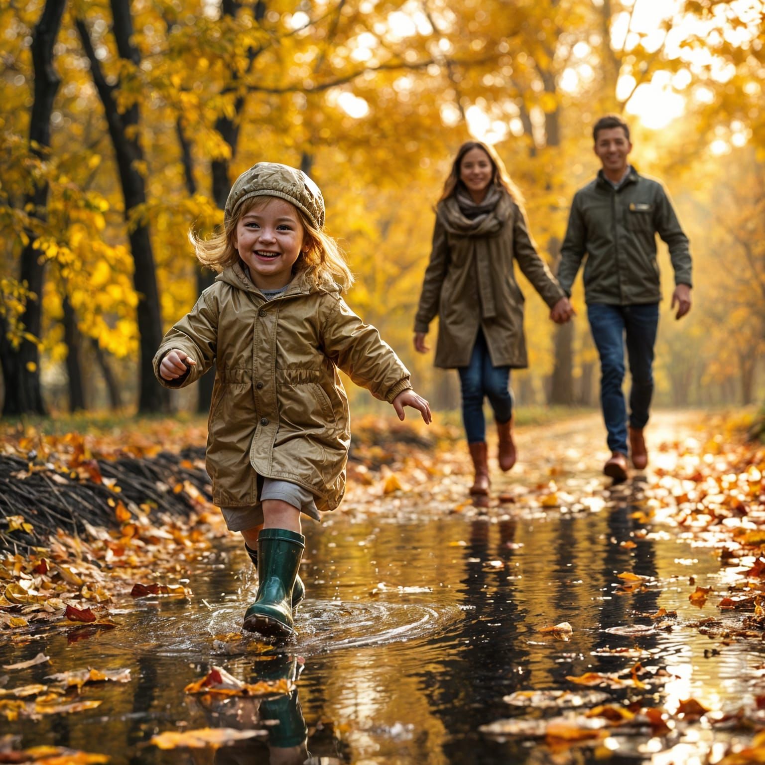 A heartwarming autumn scene: a little girl in a raincoat and rubber boots joyfully runs across wet golden ...  by @Likvi