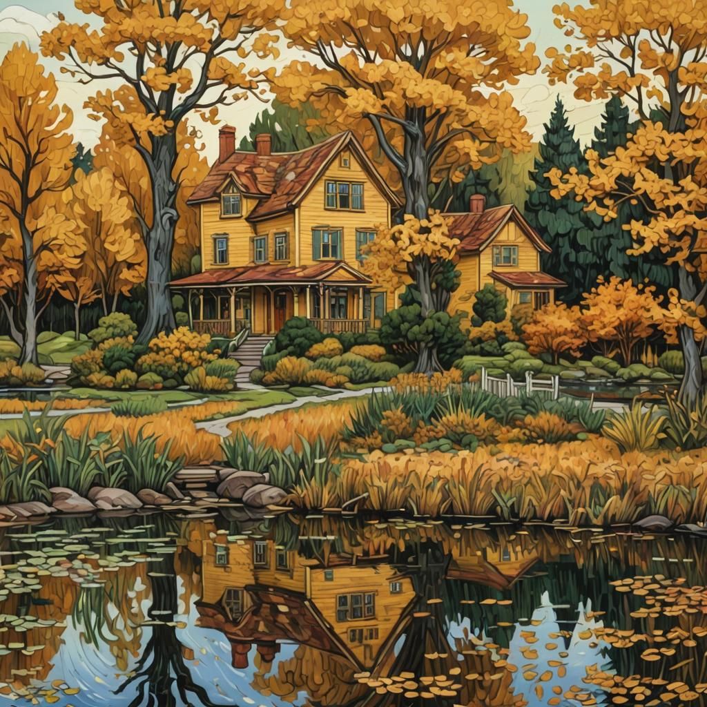 a painting of a house near a pond, a detailed painting, inspired by Van Gogh, American scene painting, golden hues, David bates, beautiful d...