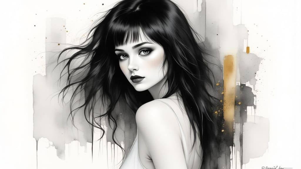 Monochromatic Portrait with Watercolor and Gold Accents