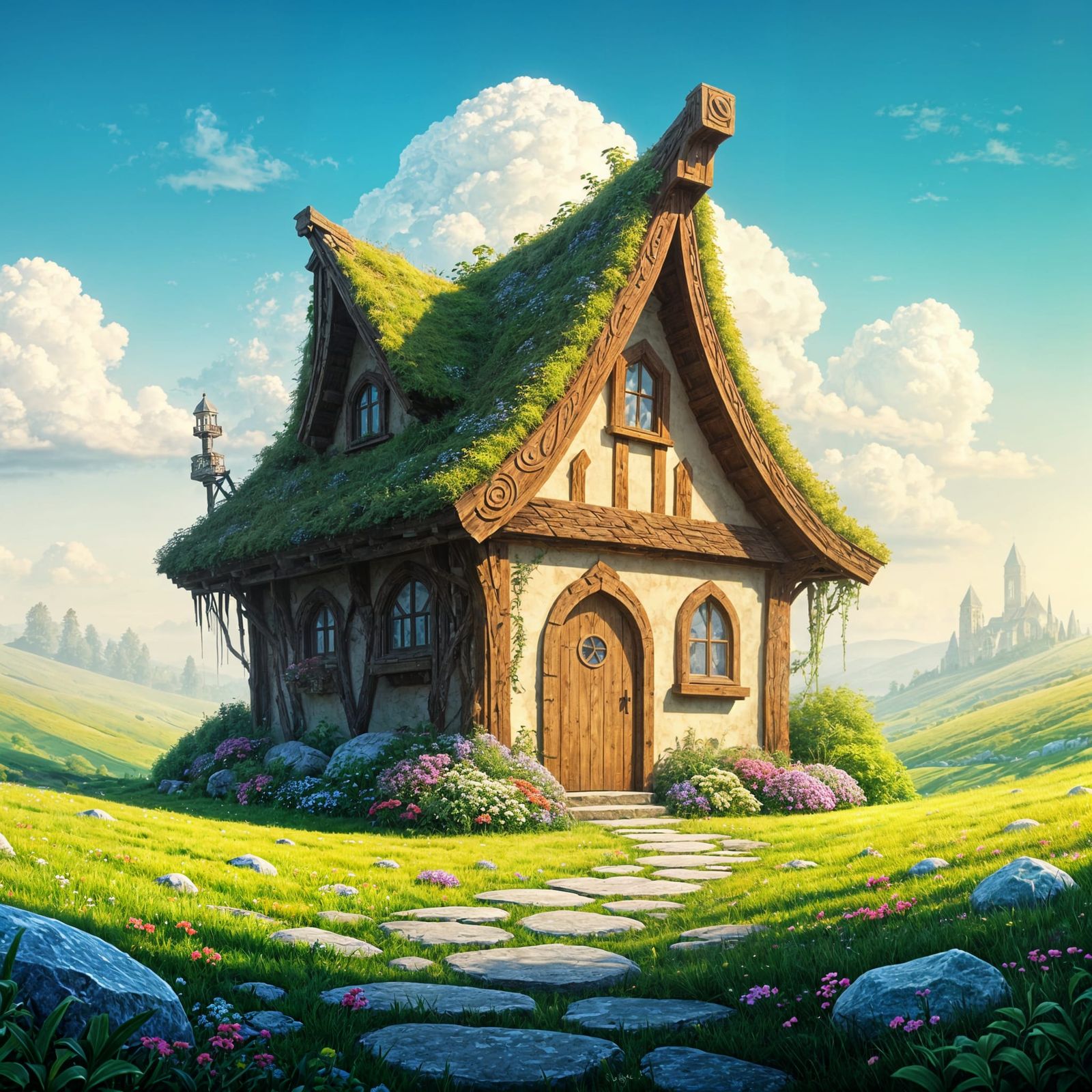 Whimsical Cottage in Dreamlike Landscape with Gemstone Windo...