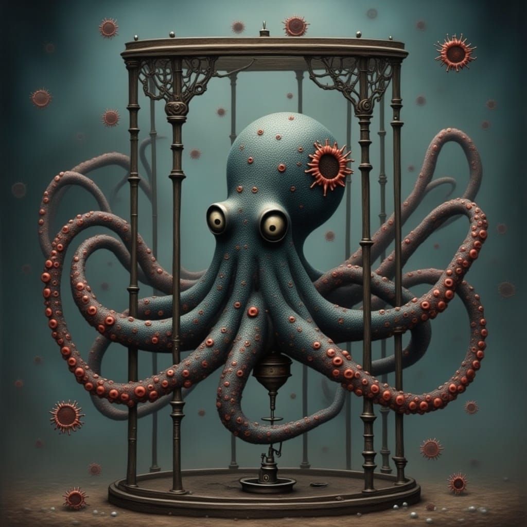 <lora:NIGHTMARE ENGINE:1.0> Virus microbes in a cage with an evil Octopus unlocking it 