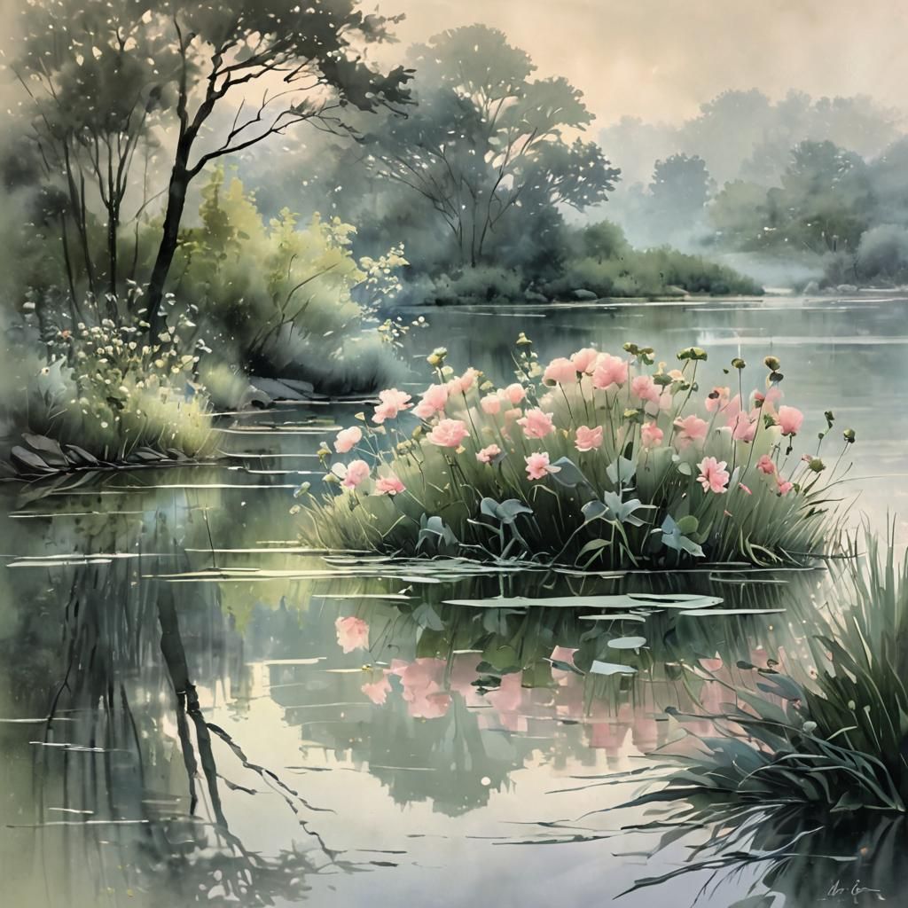 Hazy Floral Watercolor Painting with Soft Shadows