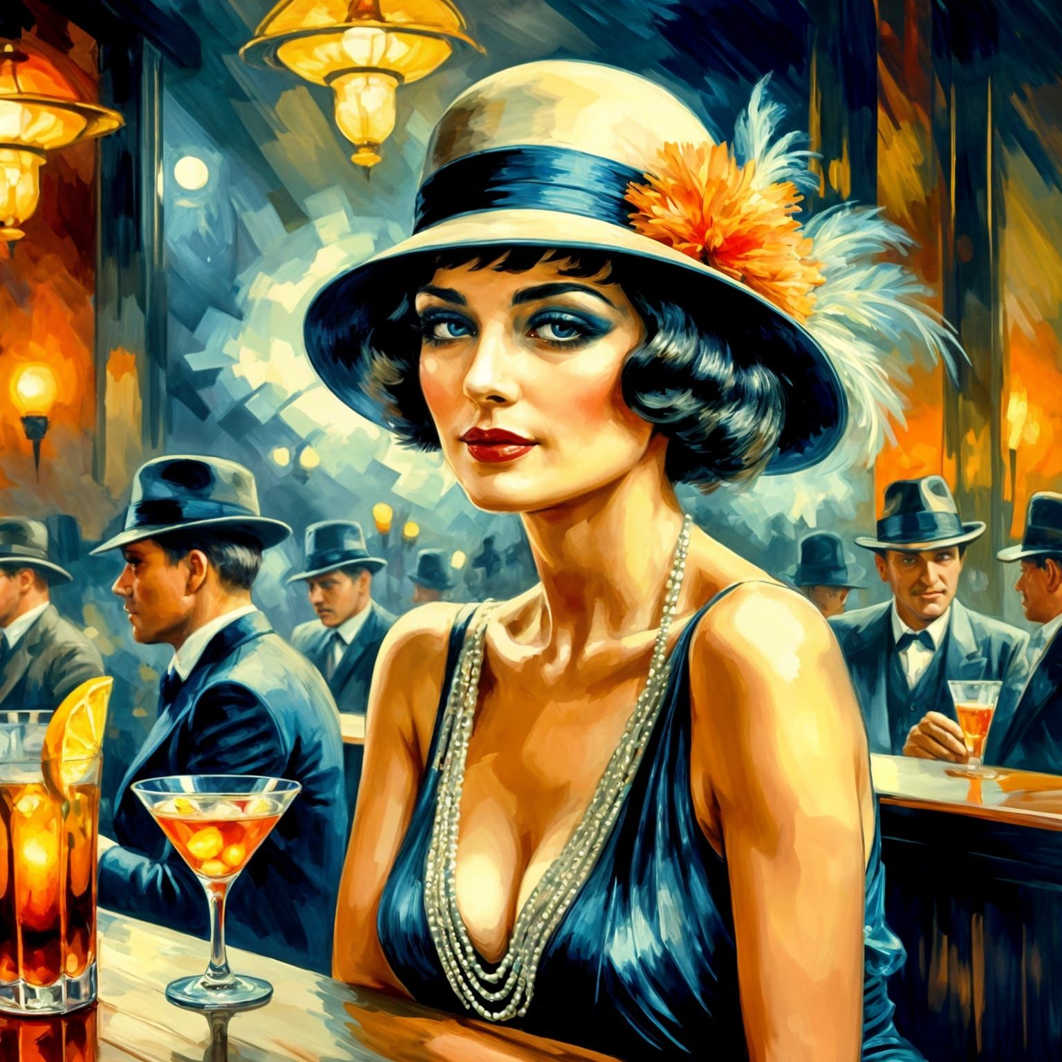 Flapper Girl Sipping Martini: Expressionist 1920s Speakeasy