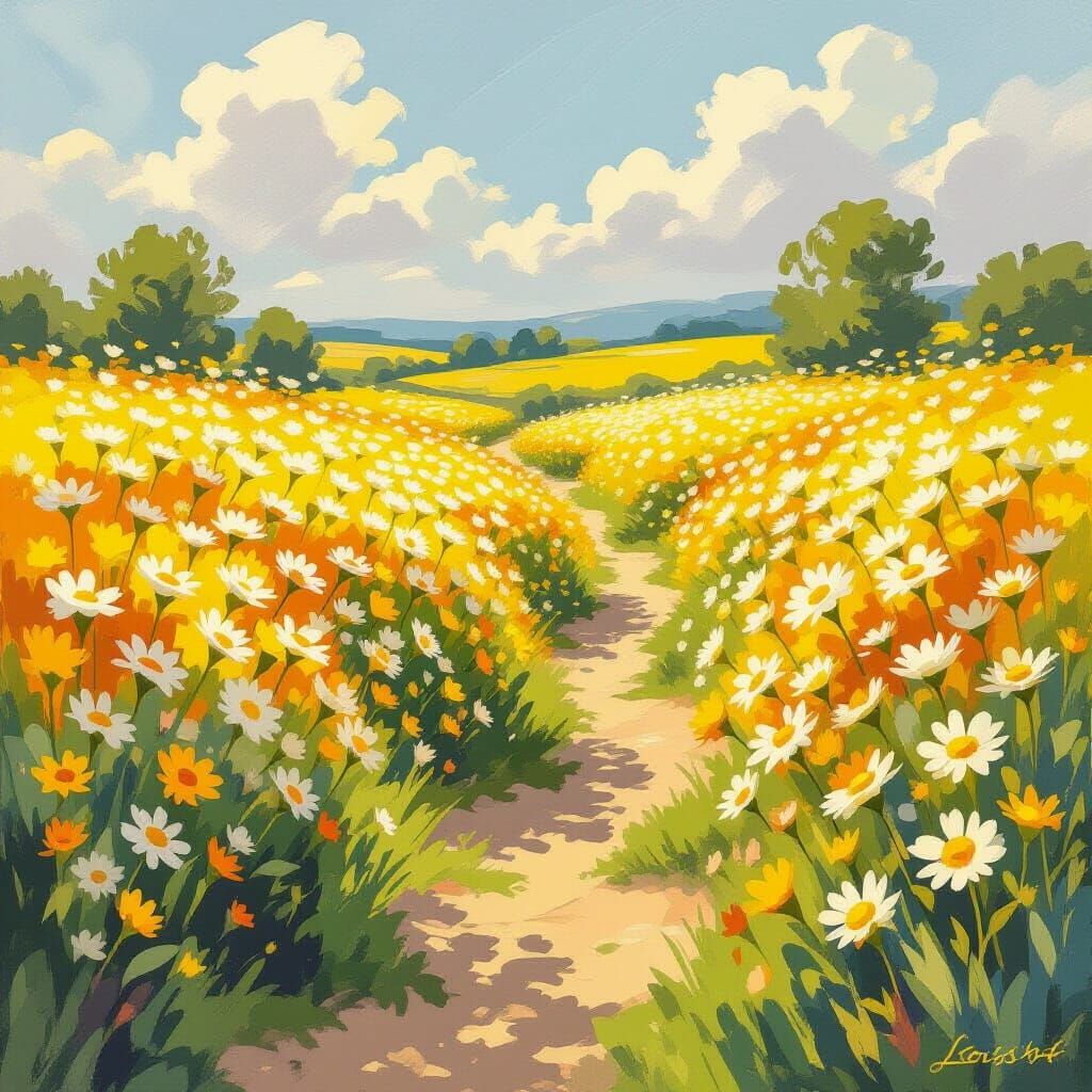 Bright Daisies Path in Impressionist Style