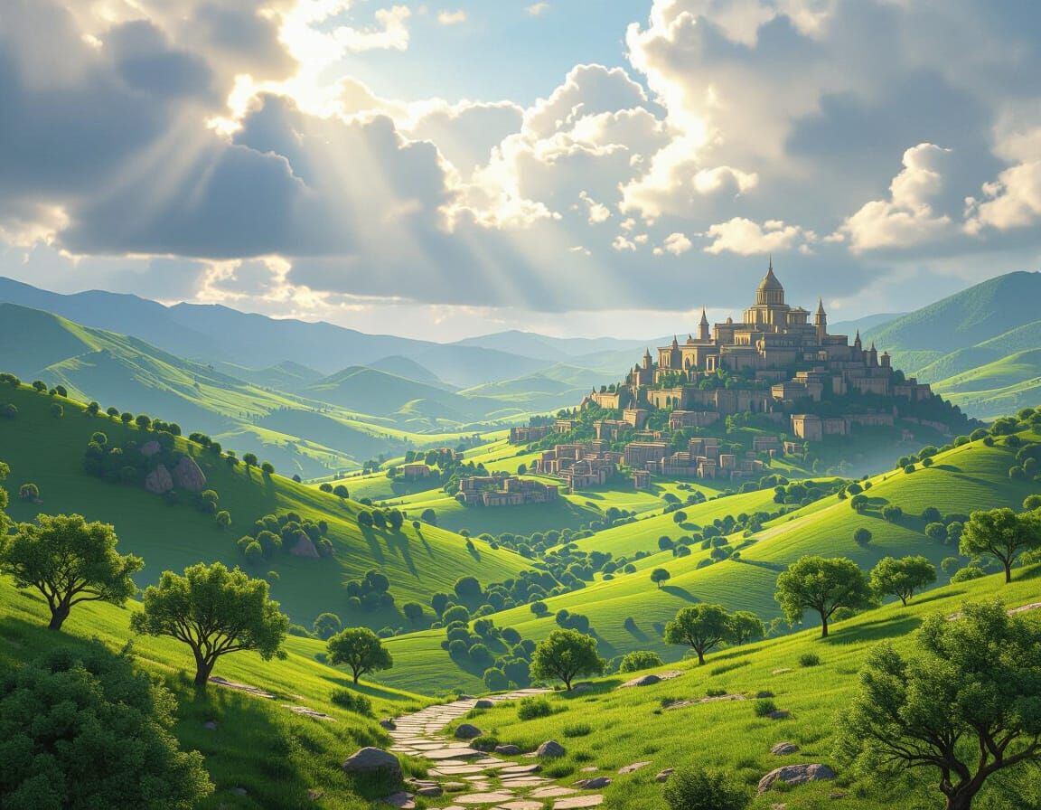  Concept art. A vast green semi-mountainous region with a city on a hill. The city is Fior mes Ivèrno in Emerald Stair. A cinematic panorama...