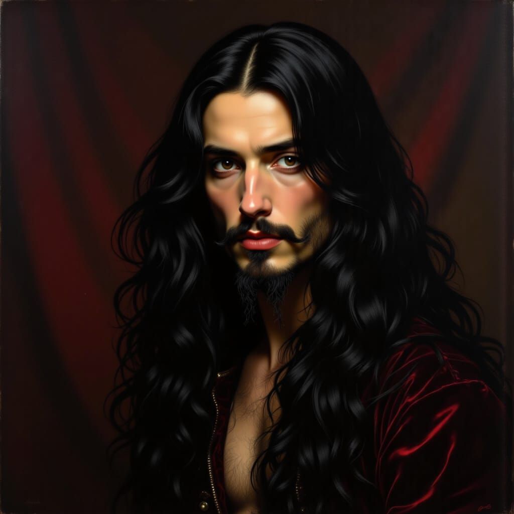 <lora:Corte espanola:1.0> A black long haired aristocratic male pirate. dark background room. Face. Stunningly eyes. Painting. Sandro Bottil...
