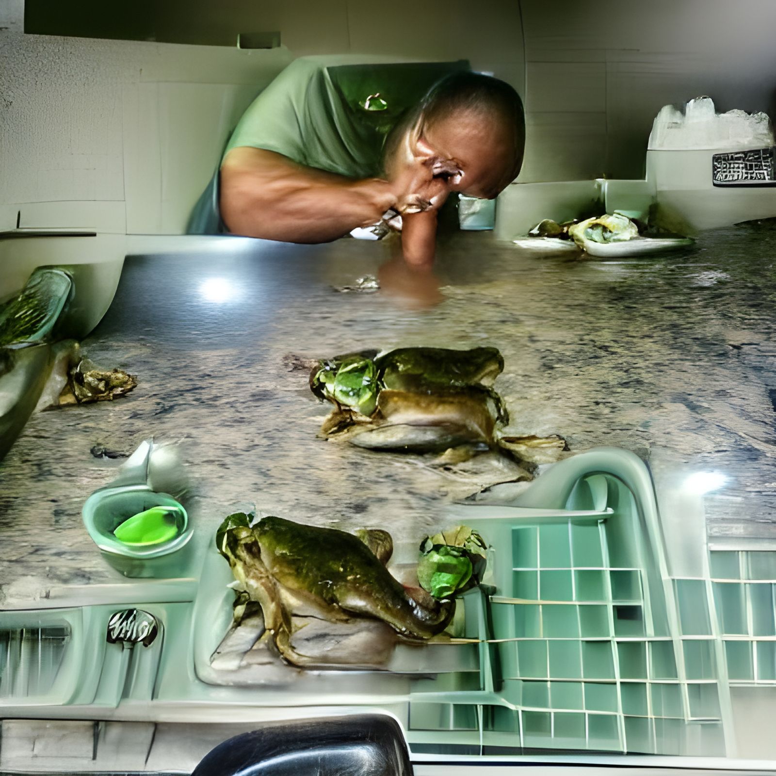 My uncle eating frogs in a dim kitchen 