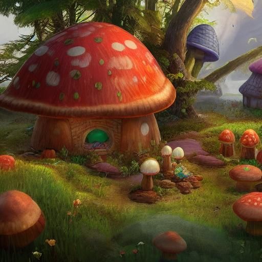 Giant muschrooms with a cute Hut in the middle
