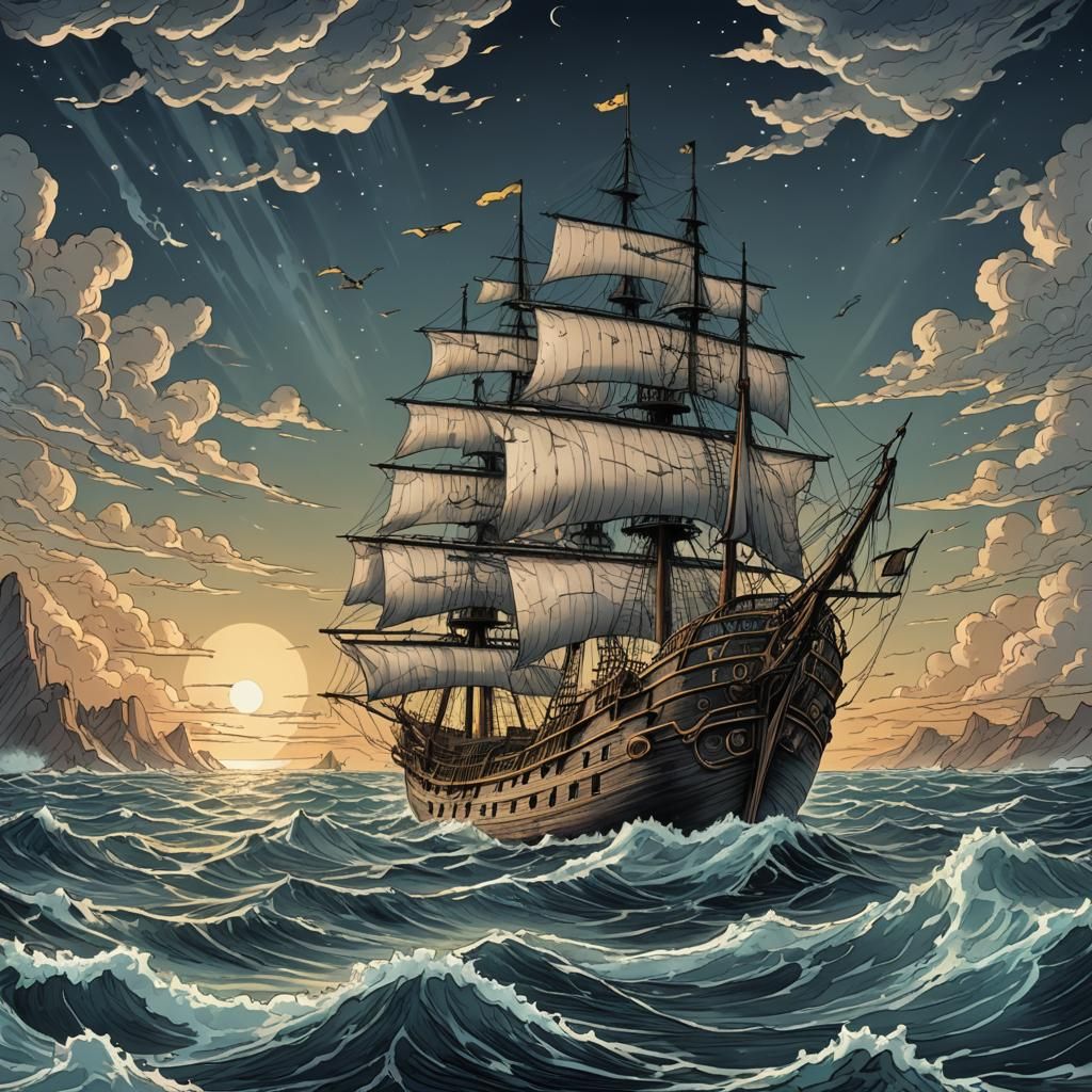 ghost ship, ocean, serene sea, mysterious, intricate clouds, National Geographic, clear transitions, ...  by @Base the Bass